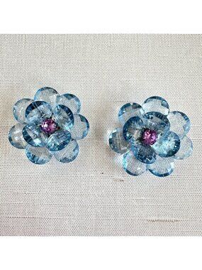 Vintage Lucite Dress Clips Pair Ice Blue Faceted Flower Petal Fur Clip Mid Centu
